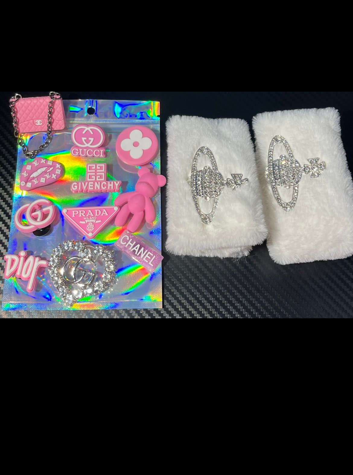 Pink charms and White Fur strap bundle