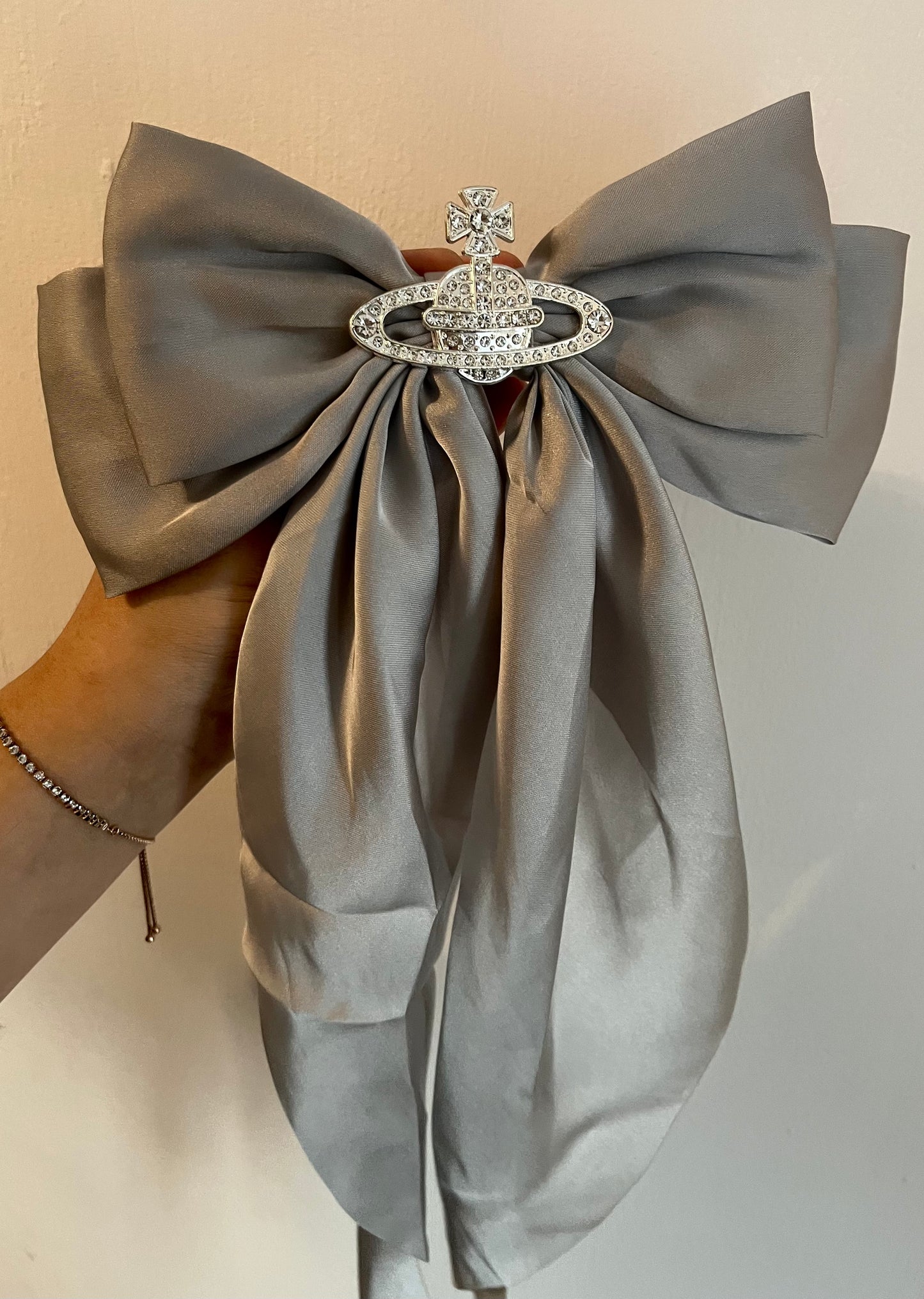 Grey Satin Hair Bow